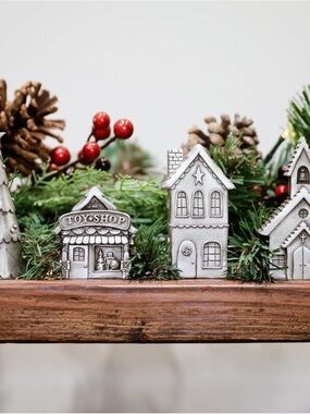 Pewter Village Holiday Mantel Decor - Mini Toy Shop, Christmas Tree and Church